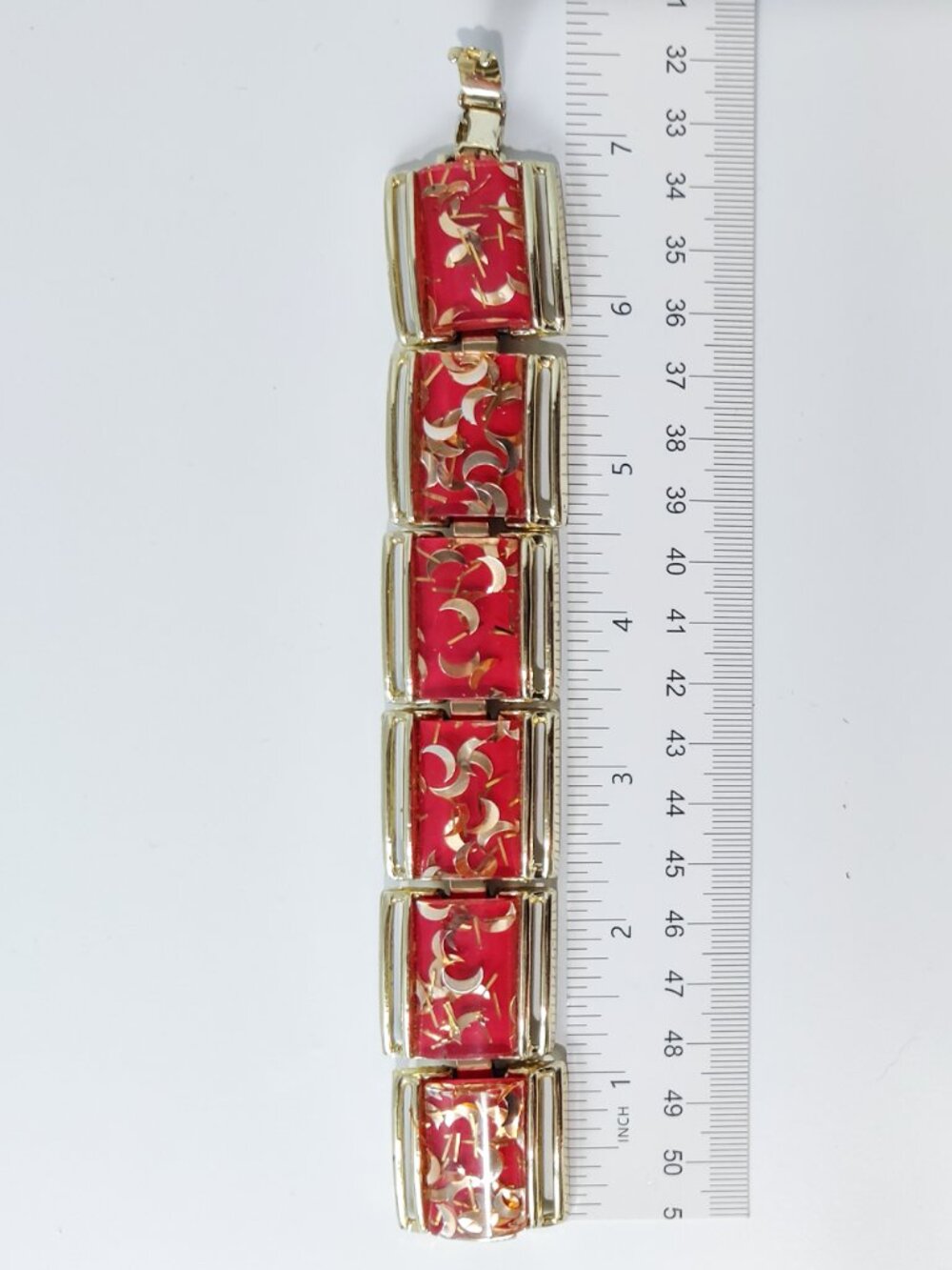Vintage 1950-60s Confetti Lucite Panel Bracelet Earrings Gold Toned Red w Moons - Picture 4 of 7